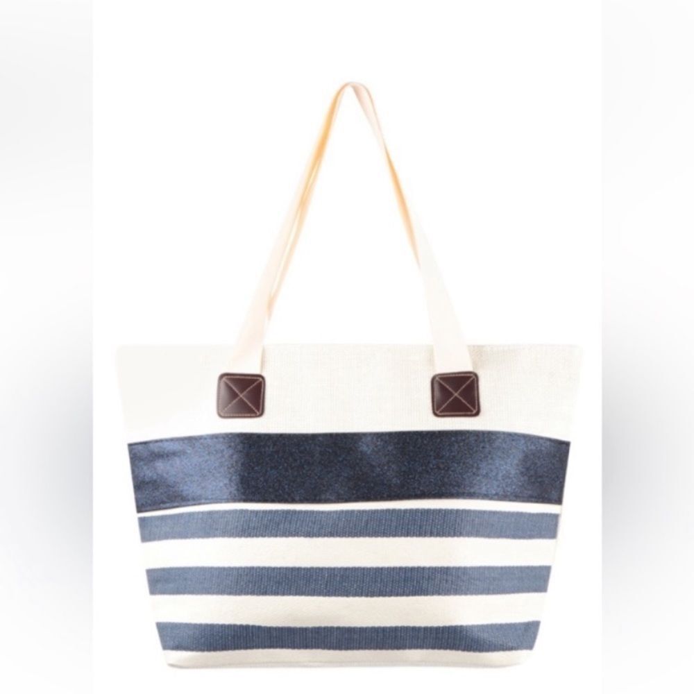 Blue and white striped tote bag
